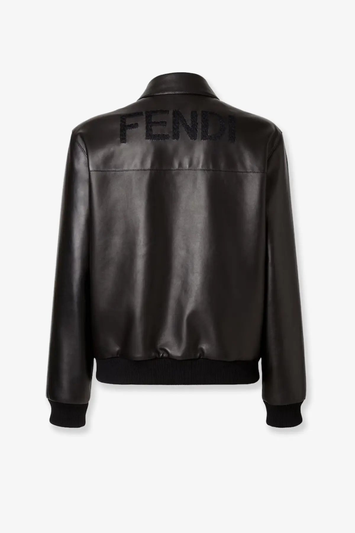 Black fendi men’s leather bomber jacket showing embossed logo on the back in black color