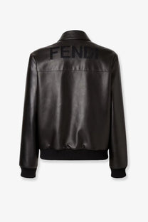 Black fendi men’s leather bomber jacket showing embossed logo on the back in black color