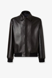 Fendi men’s black leather bomber jacket with ribbed cuffs and hem in a sleek design