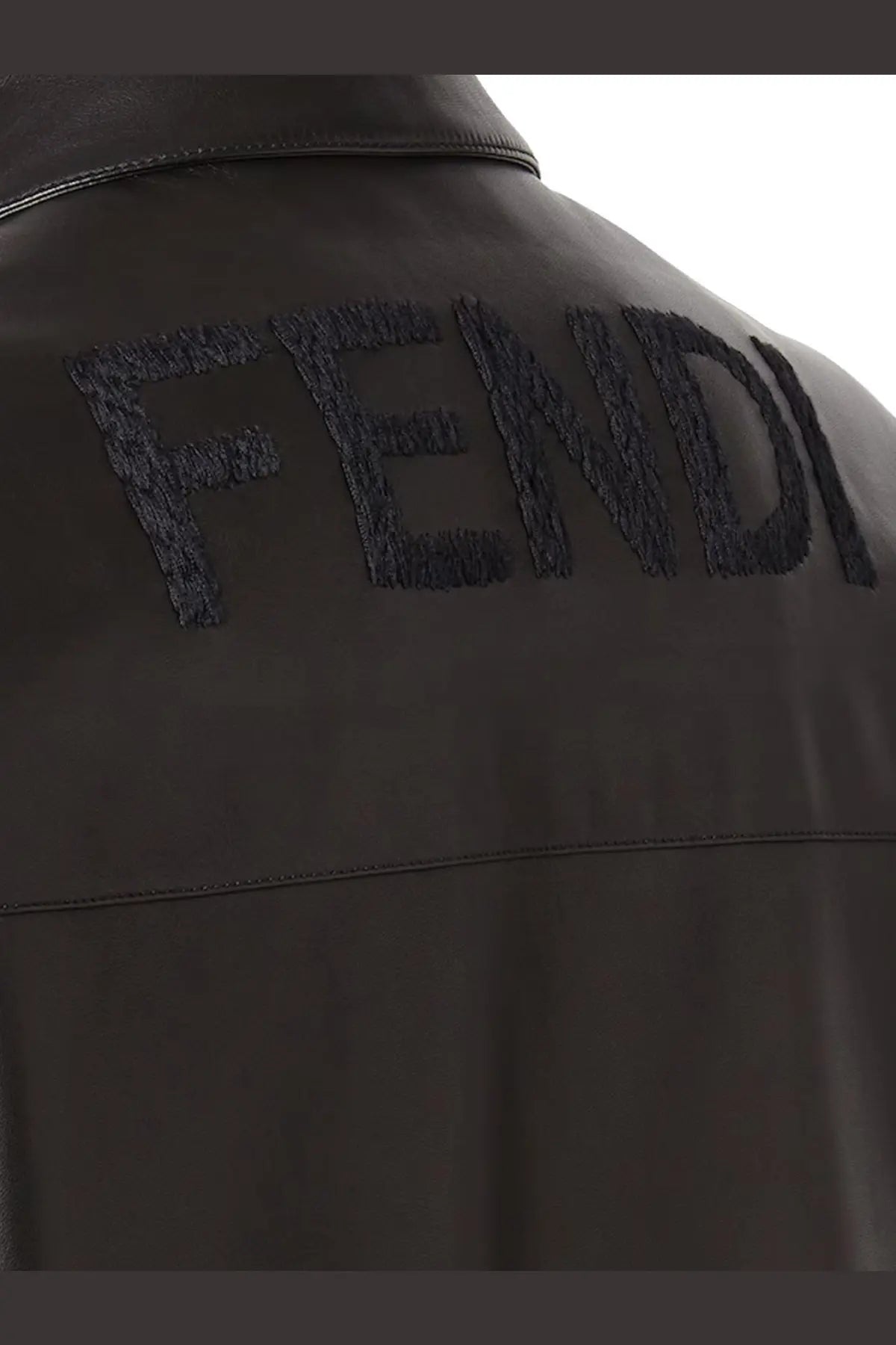 Back of fendi men’s black leather jacket with textured dark gray embroidered logo on the back