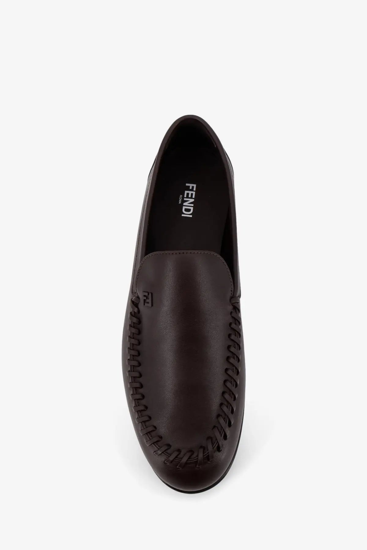 Fendi men’s brown leather loafers with dark brown color and distinctive stitched detailing along the sides