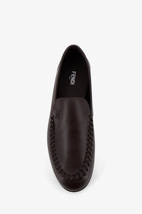 Fendi men’s brown leather loafers with dark brown color and distinctive stitched detailing along the sides