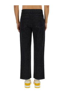 Fendi men’s long jeans black showing the back side with dark-wash denim straight-leg cut and classic back pockets
