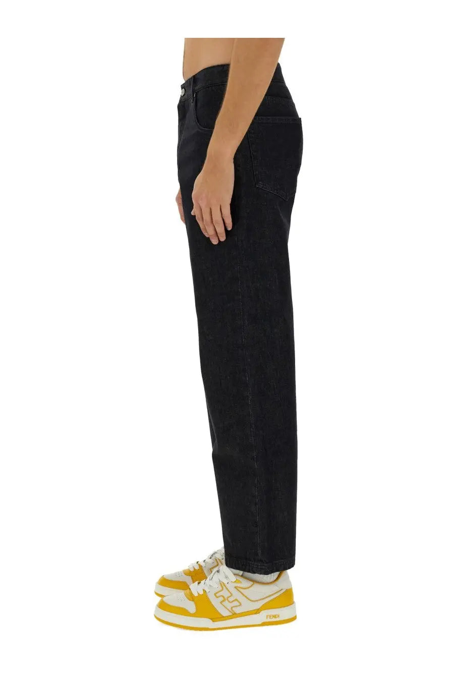 Fendi men’s black denim jeans with straight-leg cut and classic five-pocket design front view