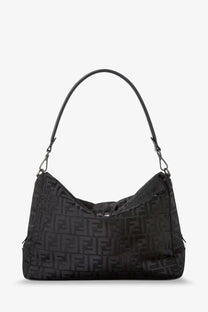 Black fendi men’s lui large ff nylon crossbody bag with repeating ff logo pattern and black leather handle