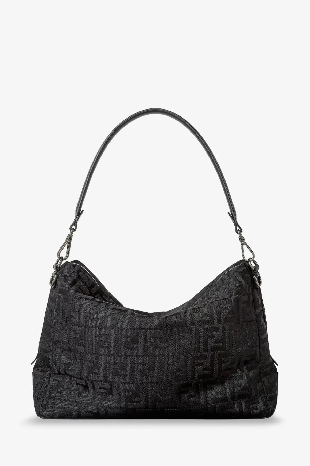 Black fendi men’s lui large ff nylon crossbody bag with repeating logo pattern and matching leather handle