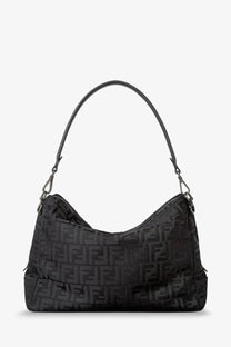 Black fendi men’s lui large ff nylon crossbody bag with repeating logo pattern and matching leather handle