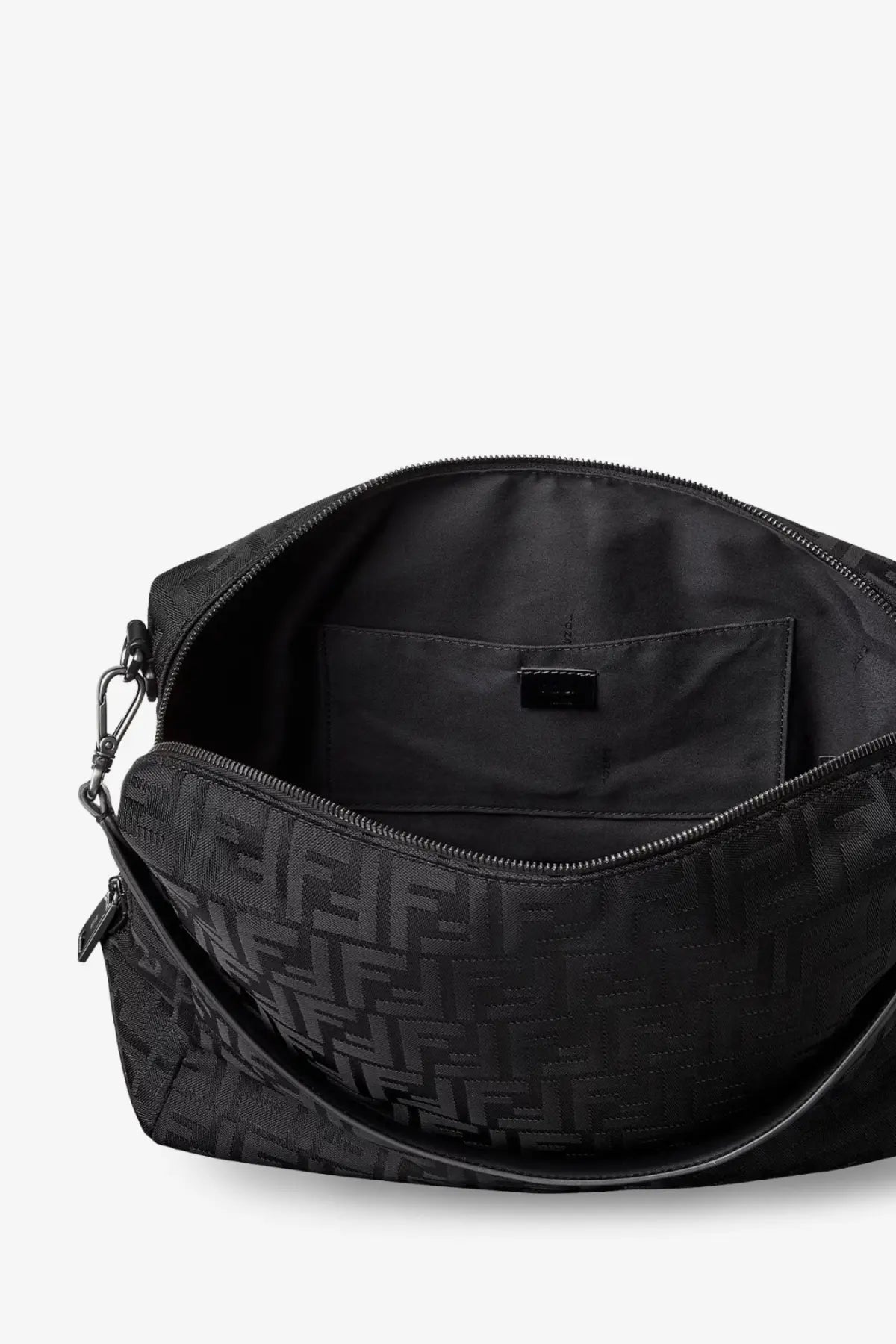 Black Fendi men’s Lui large crossbody bag with FF nylon logo pattern and zipper closure in sleek structured design