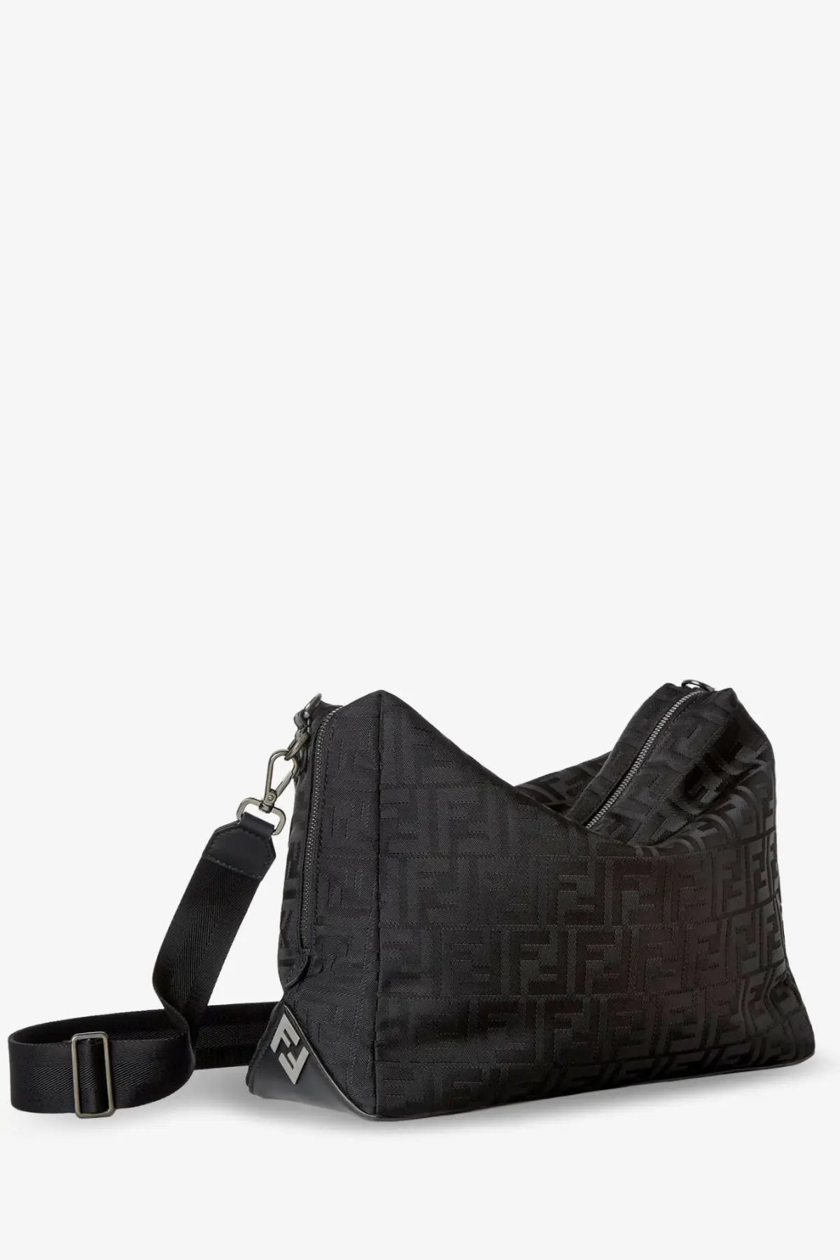 Black fendi men’s lui large ff nylon crossbody bag in textured fabric with repeating logo and silver hardware