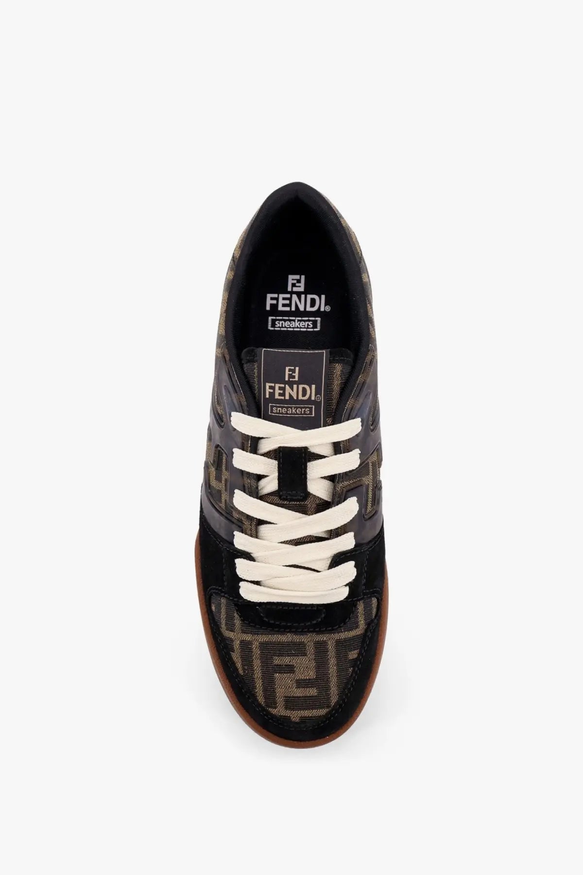 Fendi men’s black match sneakers with brown beige ff jacquard fabric white laces and tan rubber sole