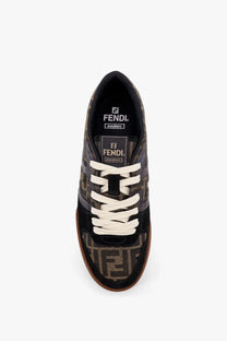Fendi men’s black match sneakers with brown beige ff jacquard fabric white laces and tan rubber sole