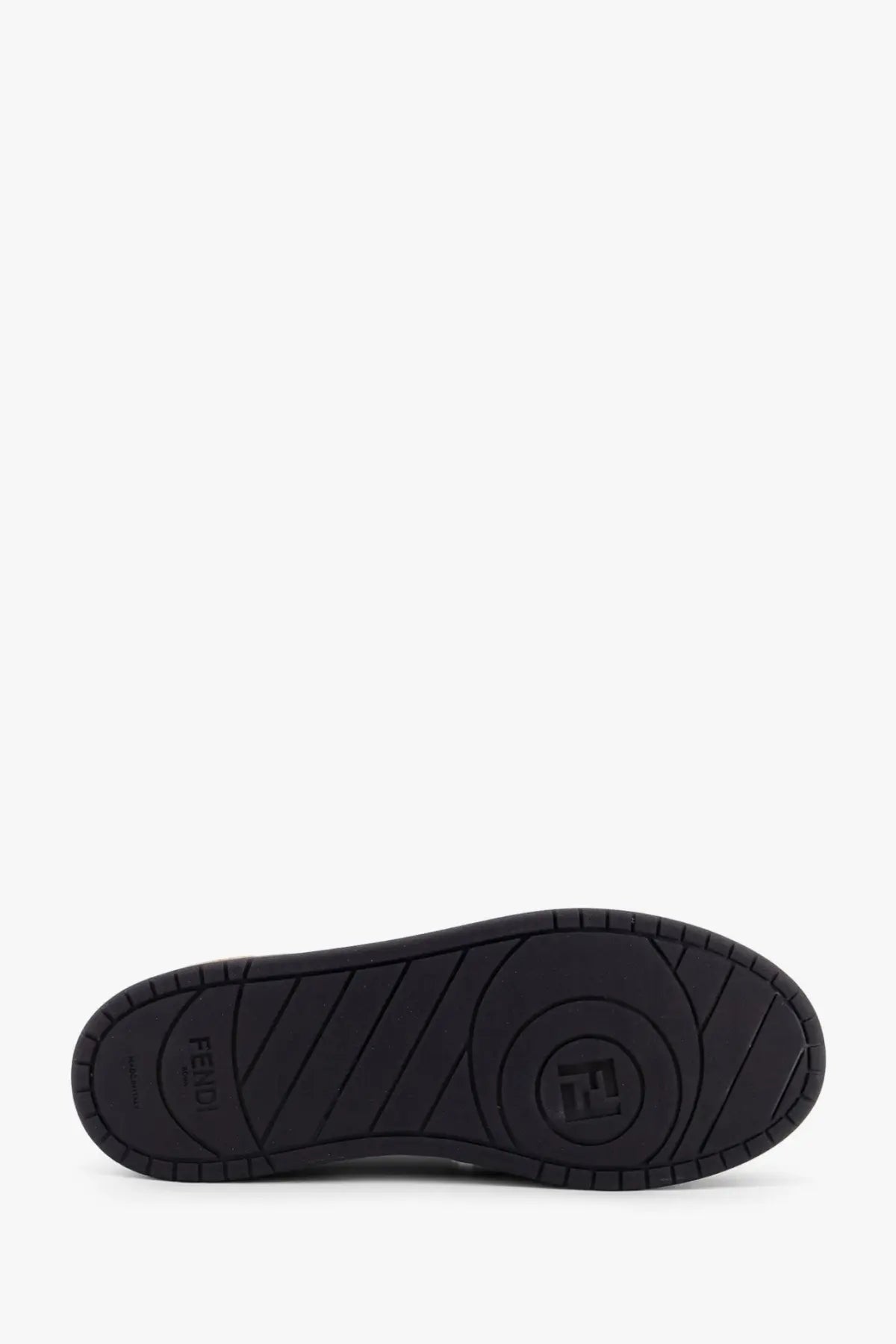 Black rubber sole with embossed fendi logo and circular pattern on fendi men’s match ff jacquard fabric suede sneakers
