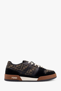Black fendi men’s sneaker with brown beige ff logo pattern suede leather upper white laces and tan rubber sole