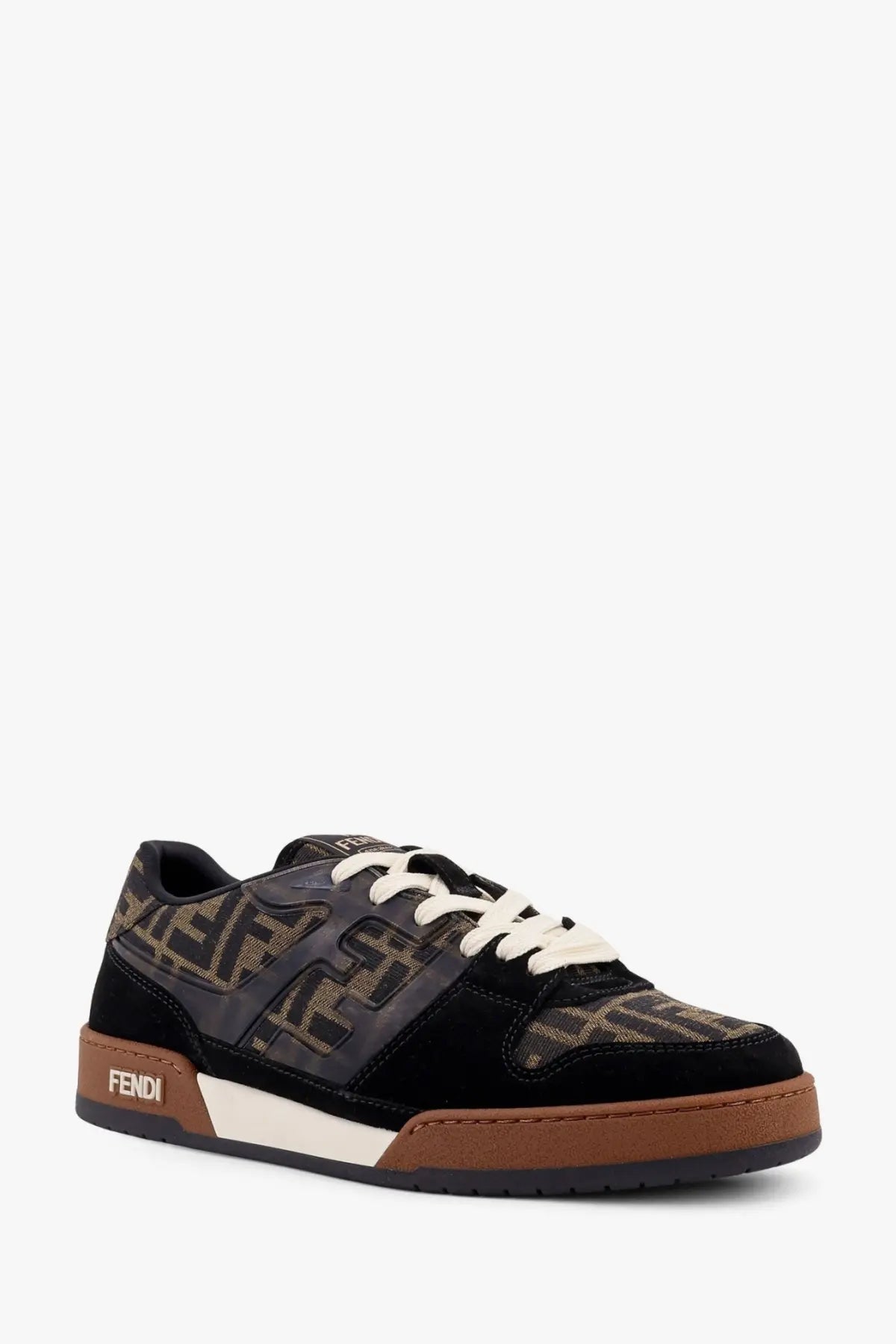Fendi men’s black sneakers with beige ff logo jacquard fabric upper white laces and brown rubber sole