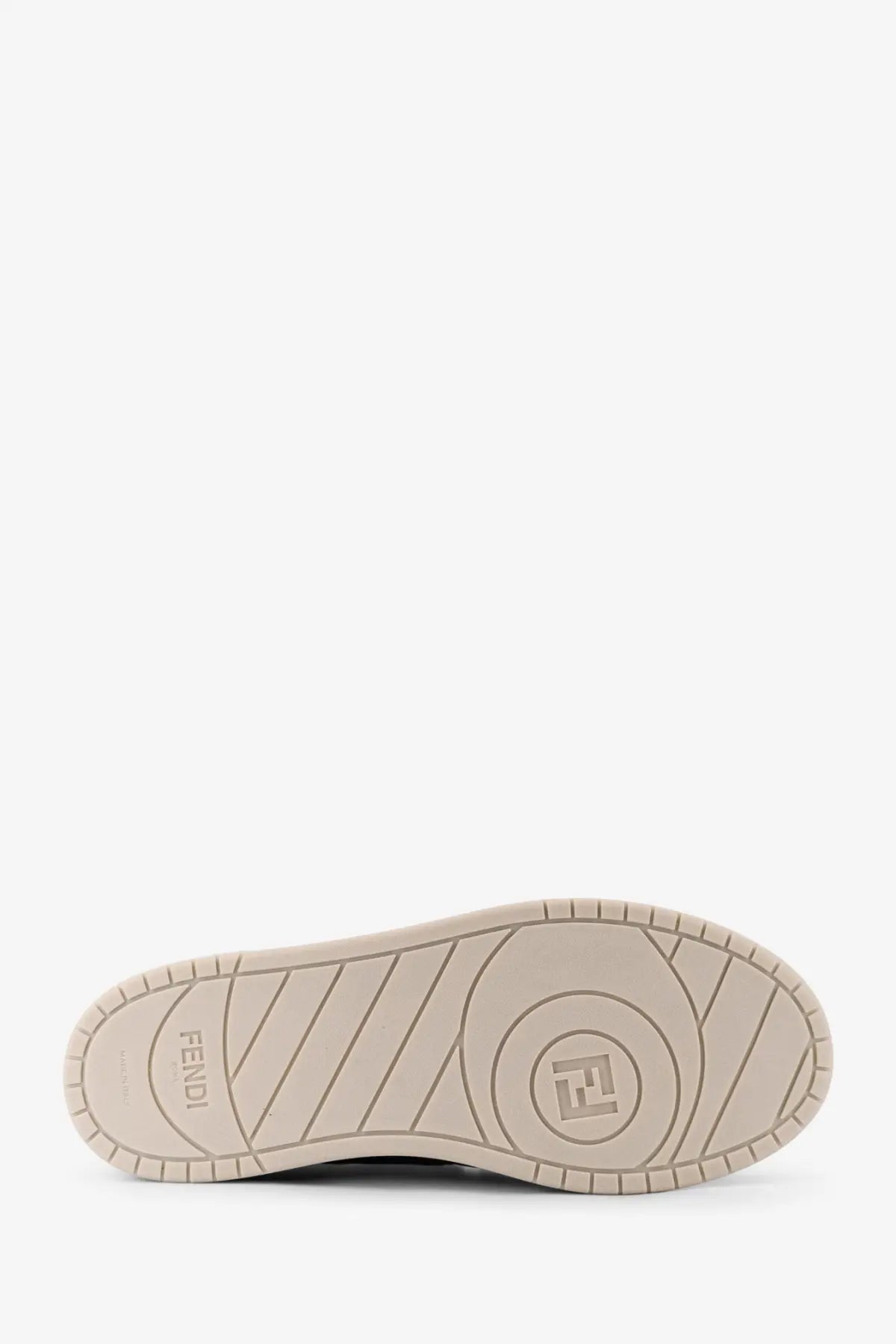 Beige fendi men’s match leather sneaker sole with embossed logo and geometric tread pattern in white color