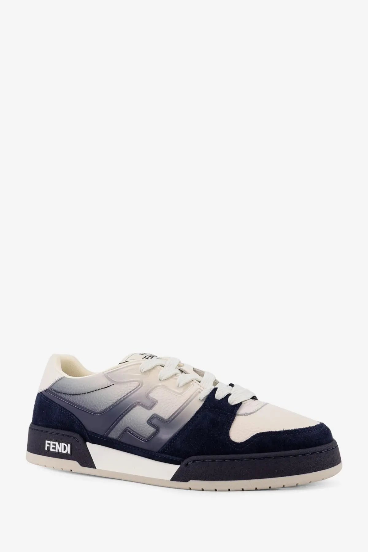 Fendi men’s match leather sneakers white in navy gray and cream gradient with suede and leather materials