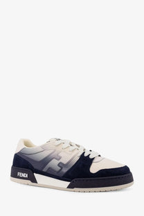 Fendi men’s match leather sneakers white in navy gray and cream gradient with suede and leather materials