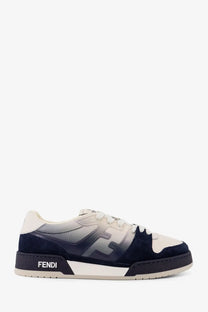 Fendi men’s match leather sneakers with gradient navy to white suede and leather upper and black rubber sole