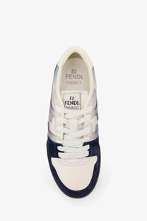 Fendi men’s match leather sneakers in cream and navy blue suede and leather with white laces
