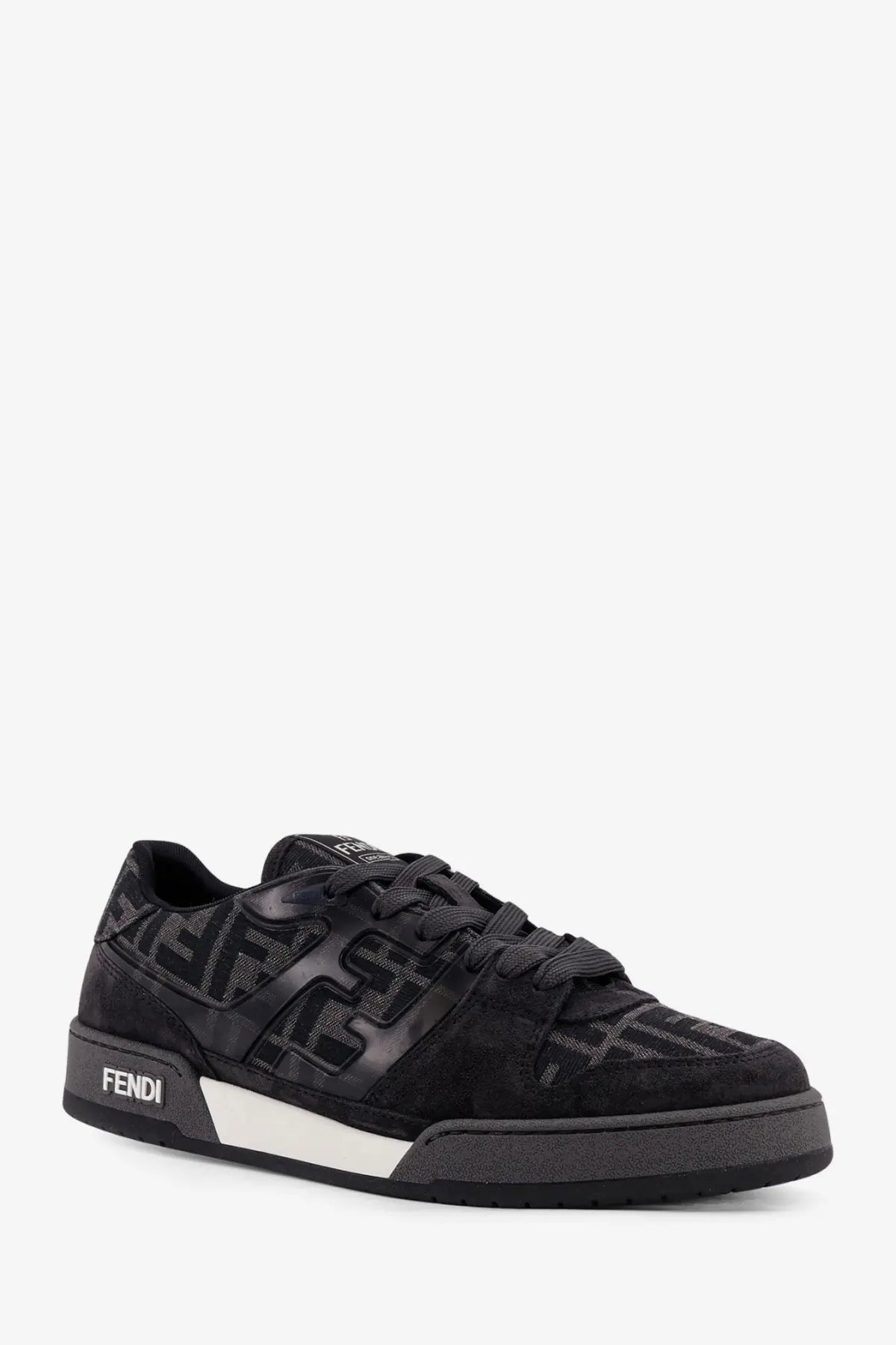Fendi men’s black match sneakers with ff jacquard fabric and suede featuring a white rubber midsole