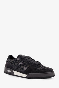 Fendi men’s black match sneakers with ff jacquard fabric and suede featuring a white rubber midsole