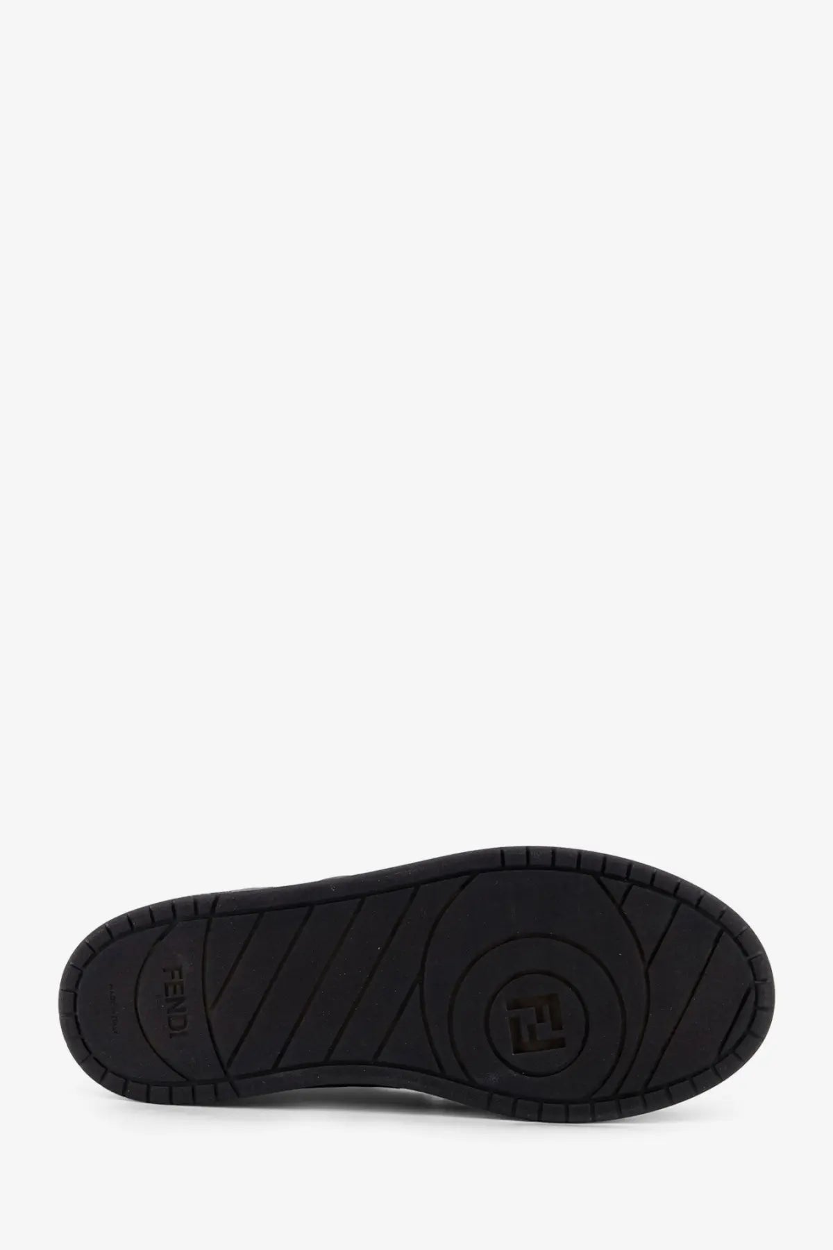 Black rubber sole with embossed fendi logo and diagonal tread on fendi men’s match grey ff jacquard sneakers