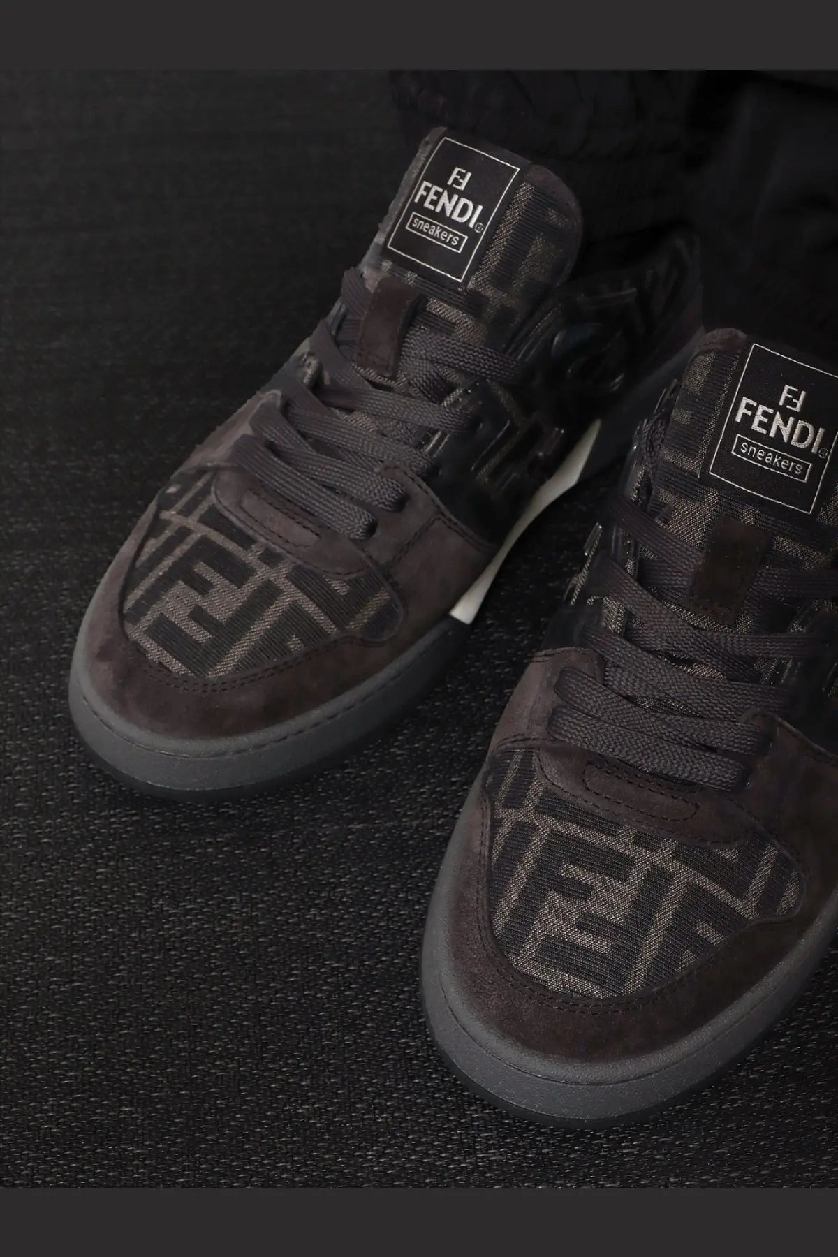 Dark brown suede fendi men’s match sneakers with ff jacquard fabric and black laces featuring repeating ff logo pattern