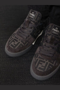 Dark brown suede fendi men’s match sneakers with ff jacquard fabric and black laces featuring repeating ff logo pattern