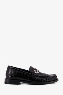 Fendi men’s missina leather loafers in black crocodile embossed leather with silver ff logo plaque