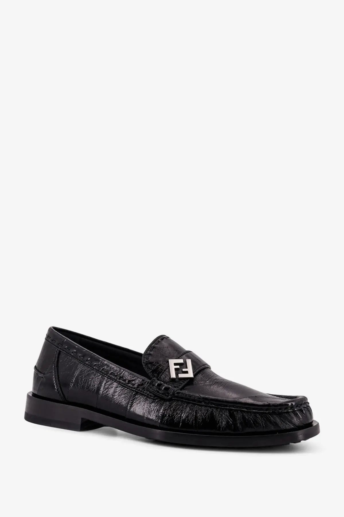 Fendi men’s missina black leather loafers in crocodile embossing with silver ff logo plaque on top