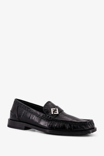 Fendi men’s missina black leather loafers in crocodile embossing with silver ff logo plaque on top