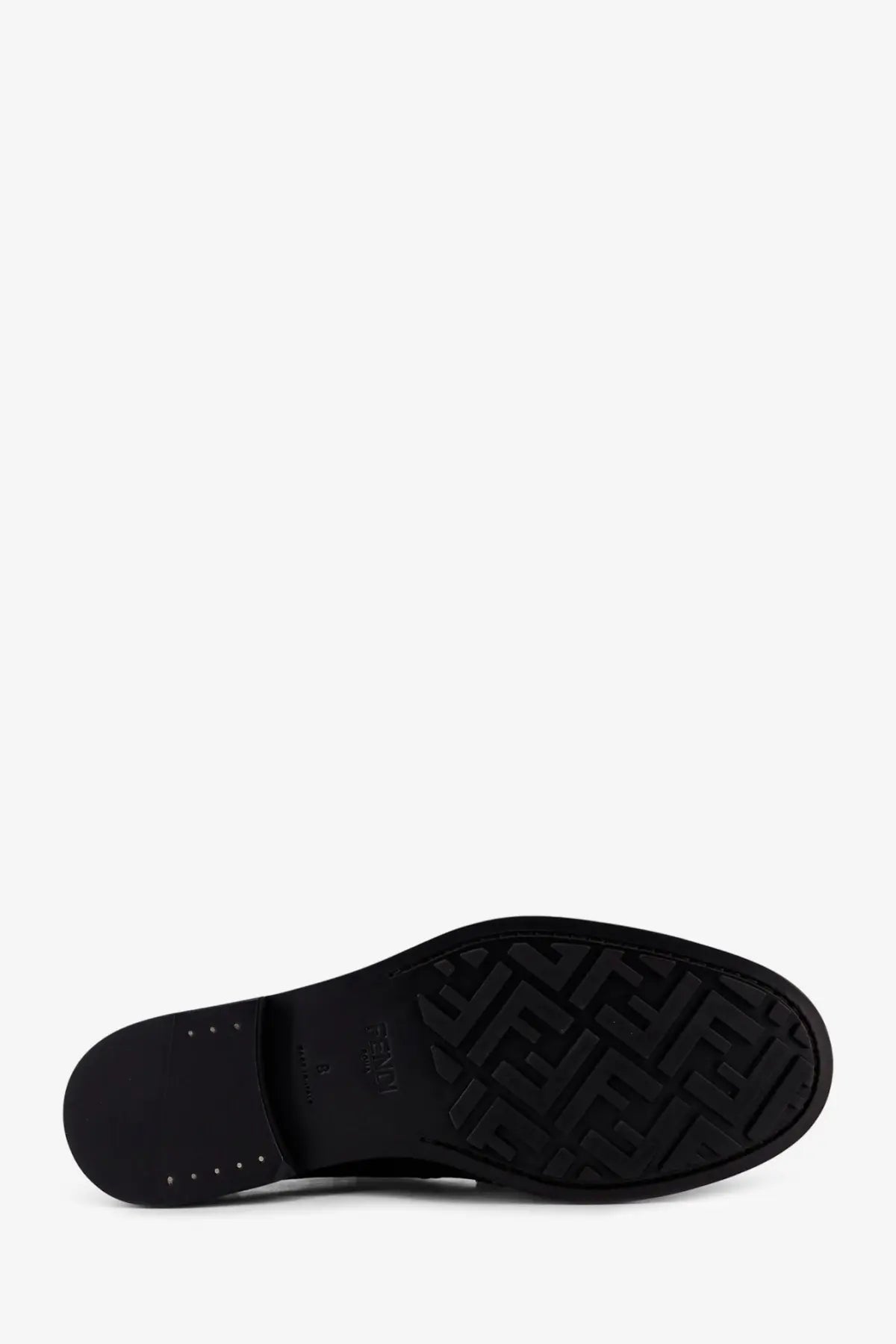 Black rubber sole with embossed fendi logo tread pattern on fendi men’s missina leather loafers black back side