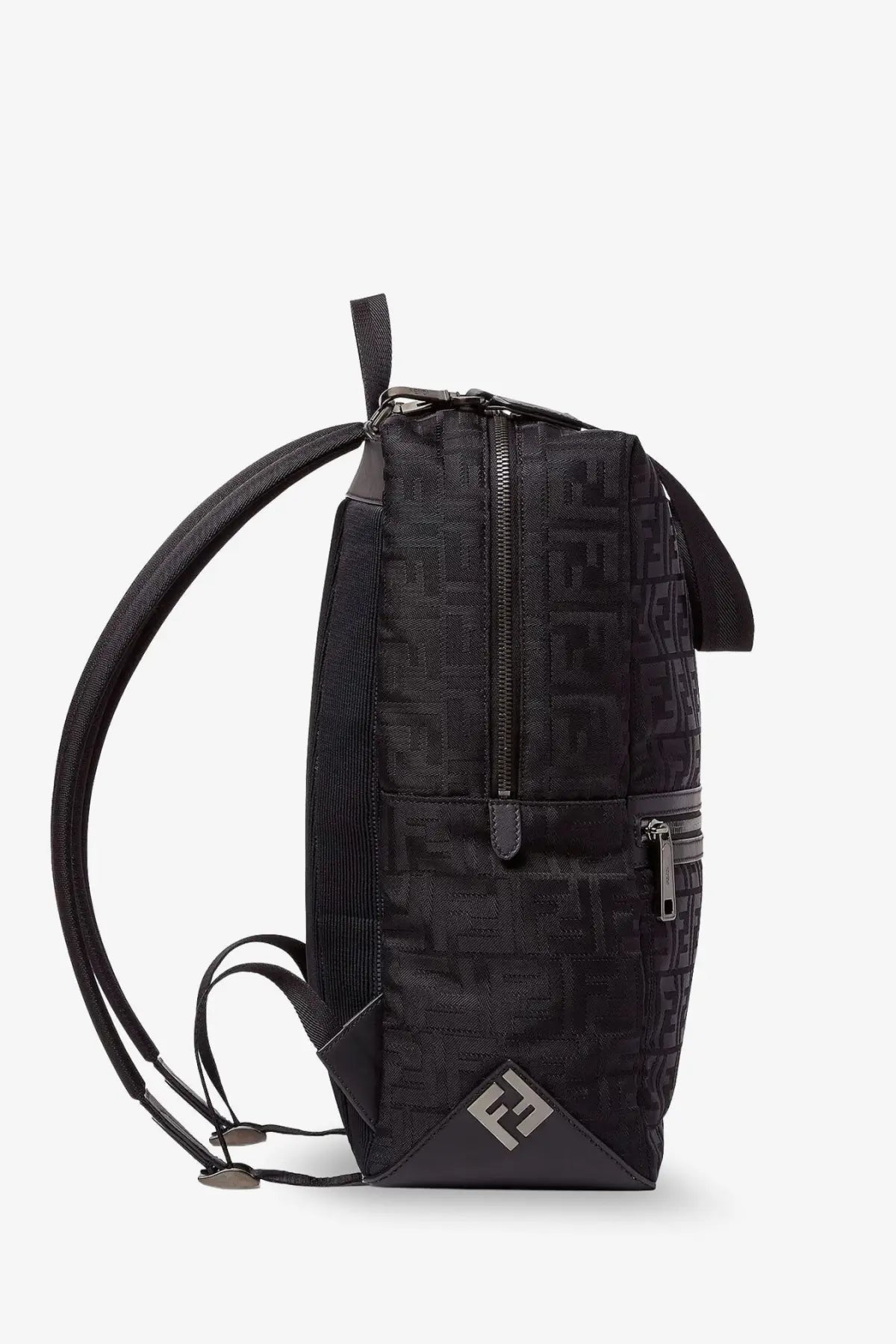 Black fendi men’s padded nylon backpack with ff logo pattern and metallic hardware accents visible from the back side