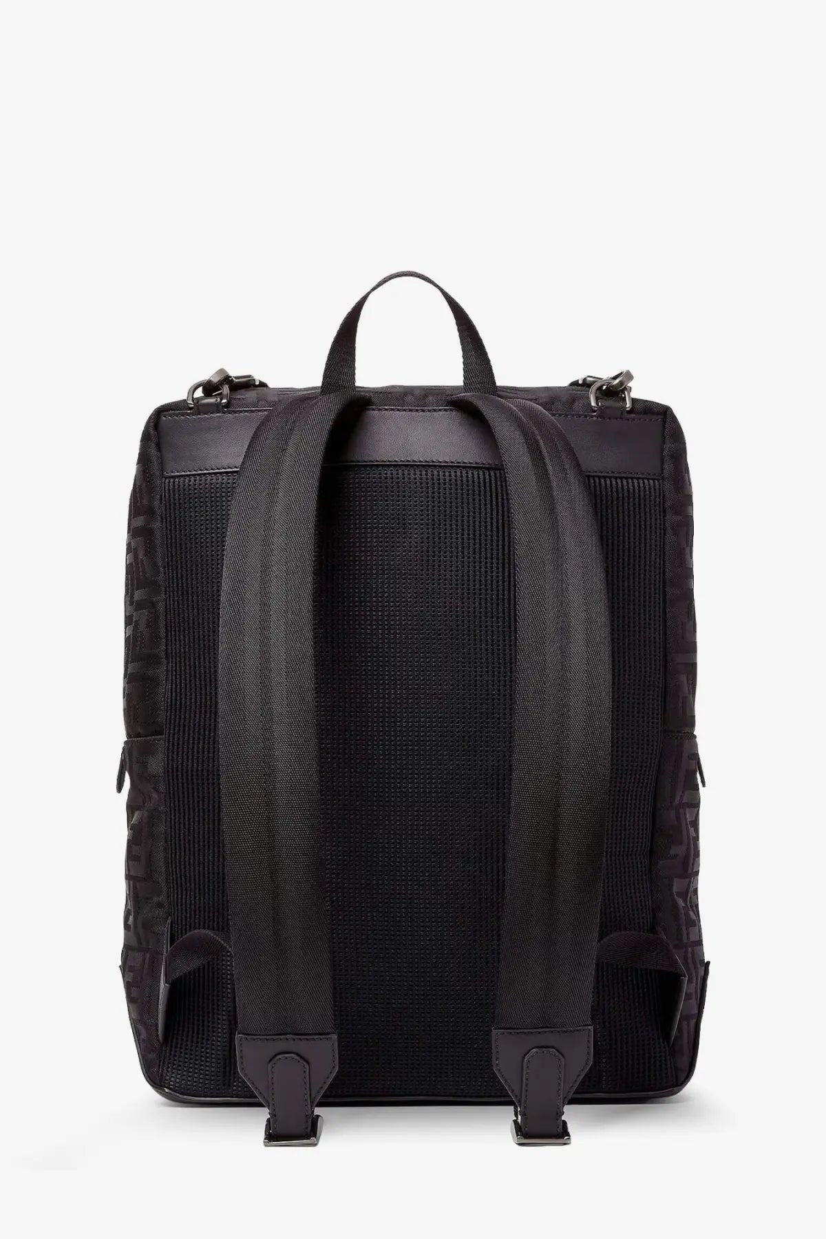 Fendi men’s padded ff nylon black backpack with textured fabric and leather accents shown from the back side