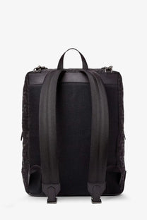Fendi men’s padded ff nylon black backpack with textured fabric and leather accents shown from the back side