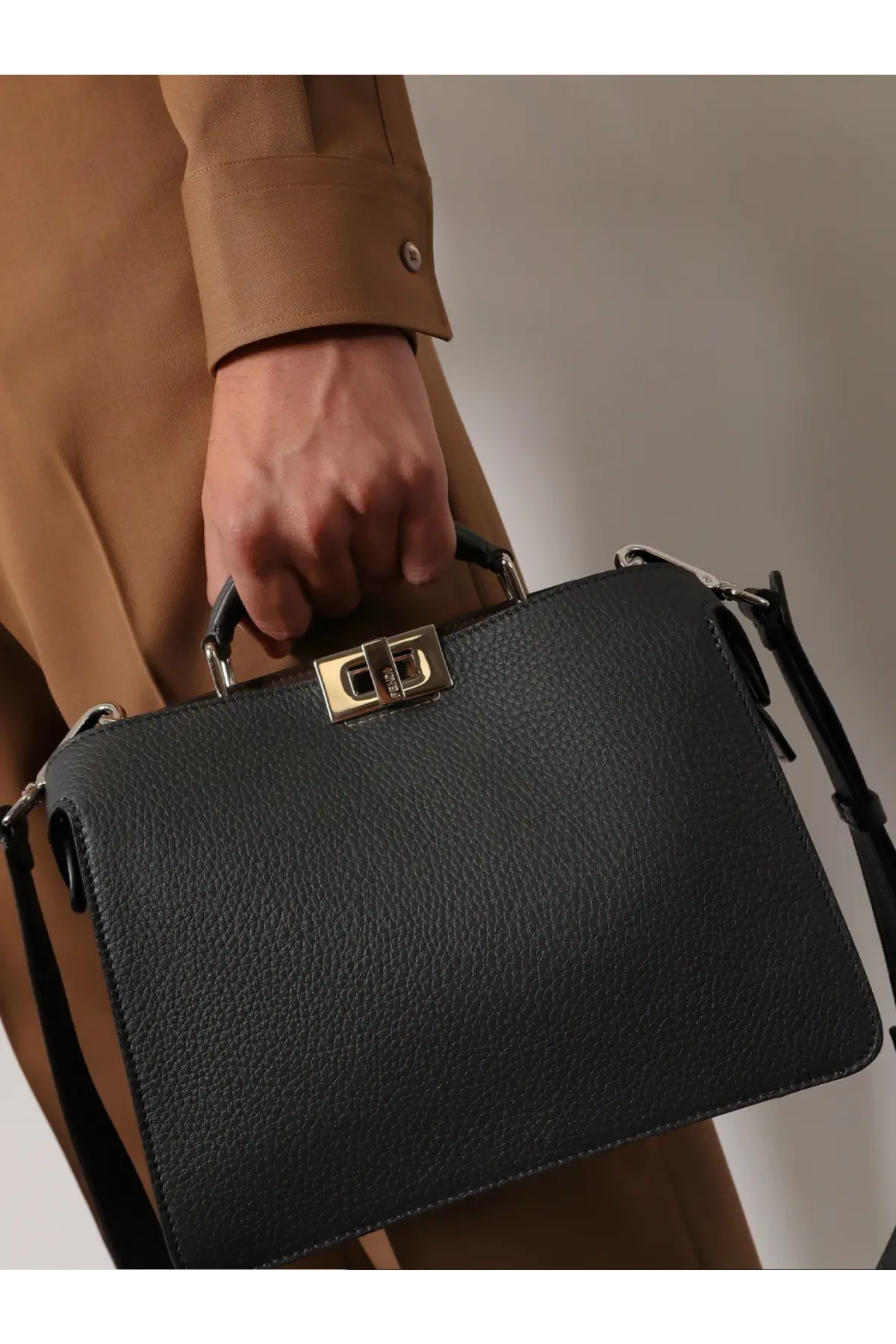 Fendi men’s peekaboo iseeu small beige leather crossbody bag with black pebbled leather briefcase style and gold clasp