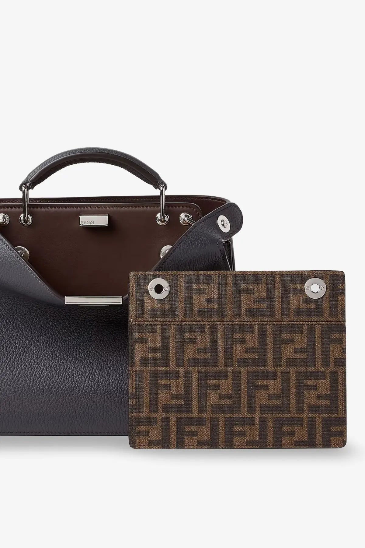 Brown Fendi men’s peekaboo iseeu small leather crossbody bag with black leather trim and ff monogram pattern