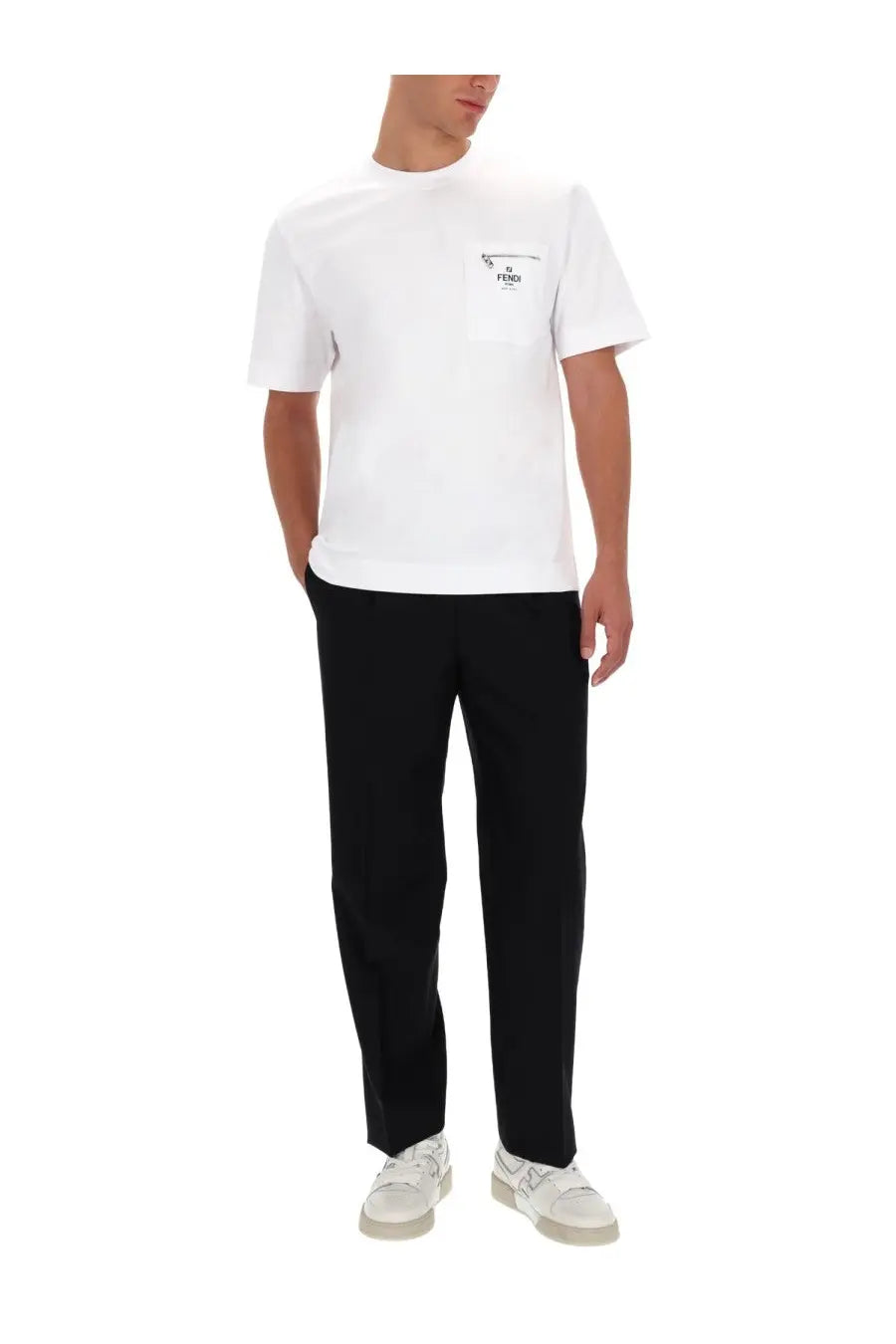 Fendi men’s white cotton t-shirt with a small black logo on the left chest perfect for casual wear