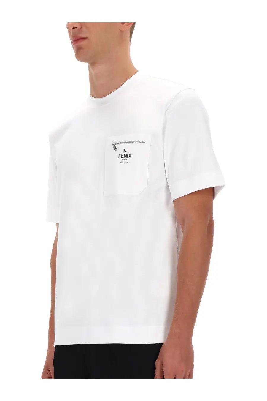 Fendi men’s white cotton t-shirt with front pocket featuring brand logo and zipper detail