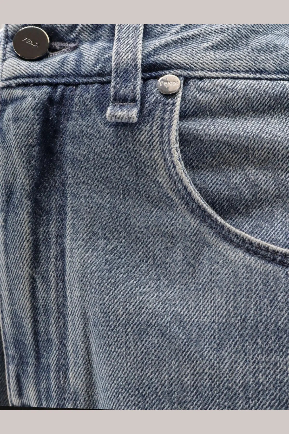 Fendi men’s regular five pockets blue denim jeans with silver Fendi branded buttons on the front