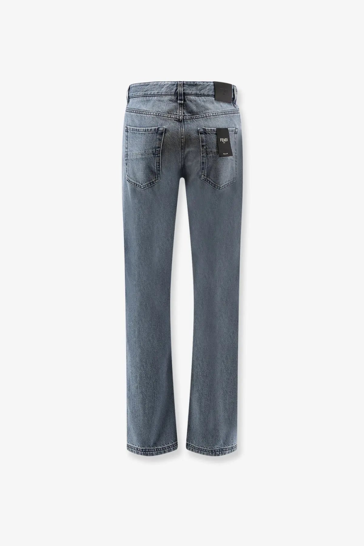 Fendi men’s regular five pockets jeans in faded gray denim with classic stitching and black label on back pockets