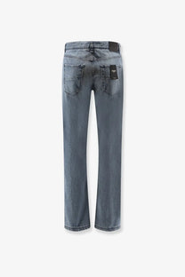 Fendi men’s regular five pockets jeans in faded gray denim with classic stitching and black label on back pockets