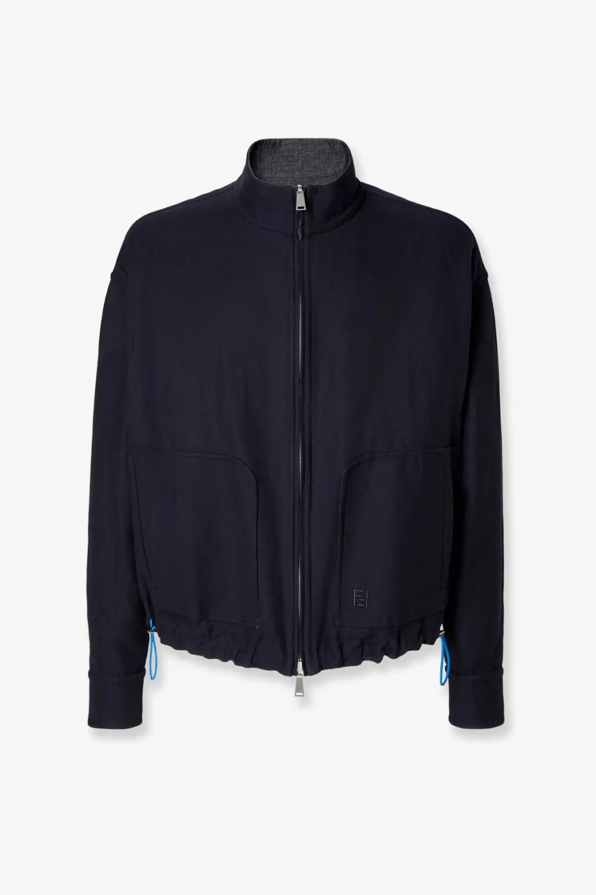 Black fendi men’s reversible denim jacket with high collar front zipper and blue drawstring accents on patch pockets