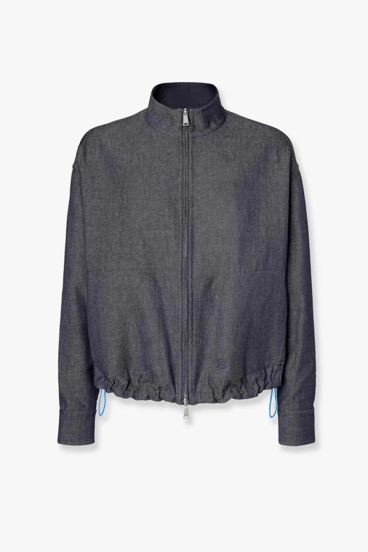 Fendi men’s reversible denim jacket blue with dark gray textured high collar and subtle blue drawstring cuffs