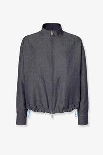 Fendi men’s reversible denim jacket blue with dark gray textured high collar and subtle blue drawstring cuffs