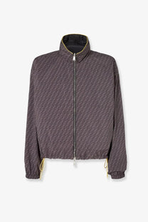 Fendi men’s reversible nylon jacket in black with dark gray ff logo pattern and contrasting yellow zipper pulls