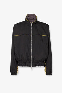 Fendi men’s reversible black nylon jacket with gold-tone trim and signature ff pattern lining shown from the back
