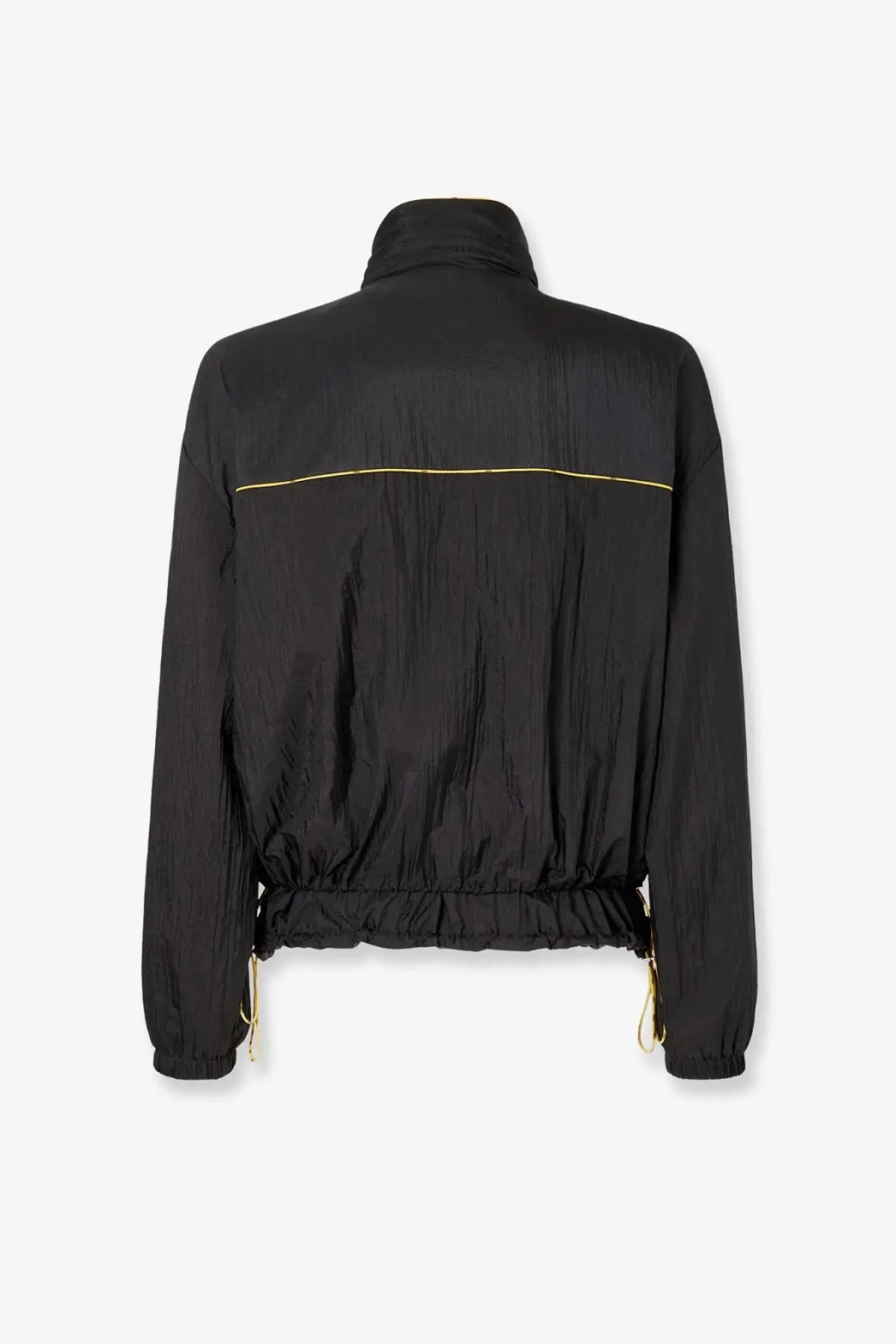 Back side of fendi men’s reversible black nylon jacket with gold trim along the back seam and cuffs