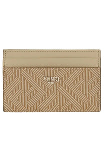 Beige Fendi men’s shadow card holder with geometric pattern and stitched edges in premium leather material
