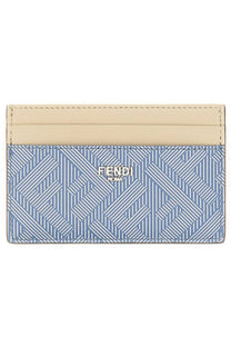 Fendi Men’s Shadow card holder with blue and white geometric pattern and beige leather accents